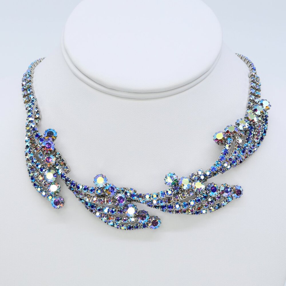 Vintage Rare Hobé Blue AB Rhinestones Sculptural‎ Spray and Waves Necklace 1950s